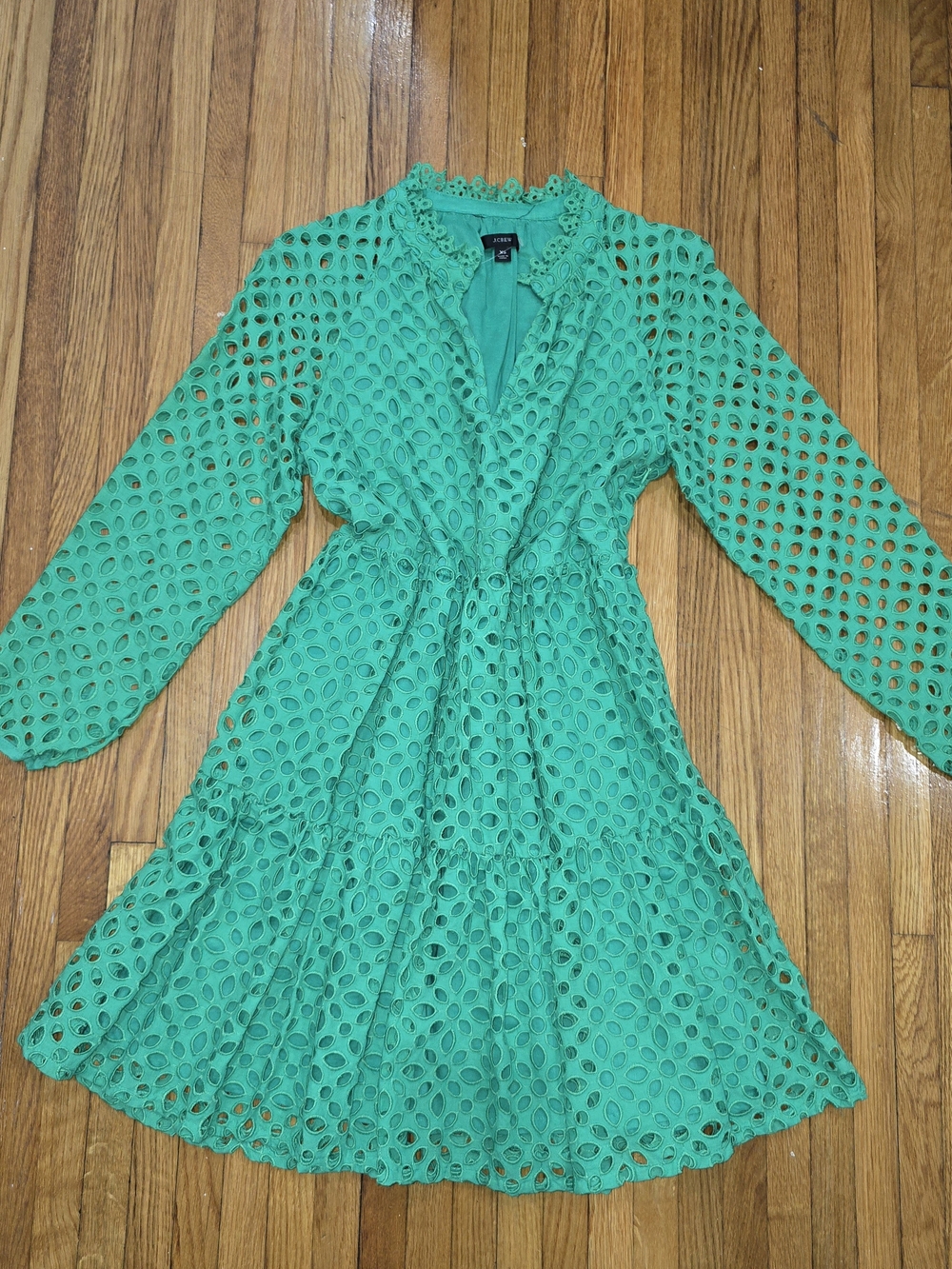 J. Crew Emerald Green Eyelet Long-Sleeve Fit & Flare Dress
